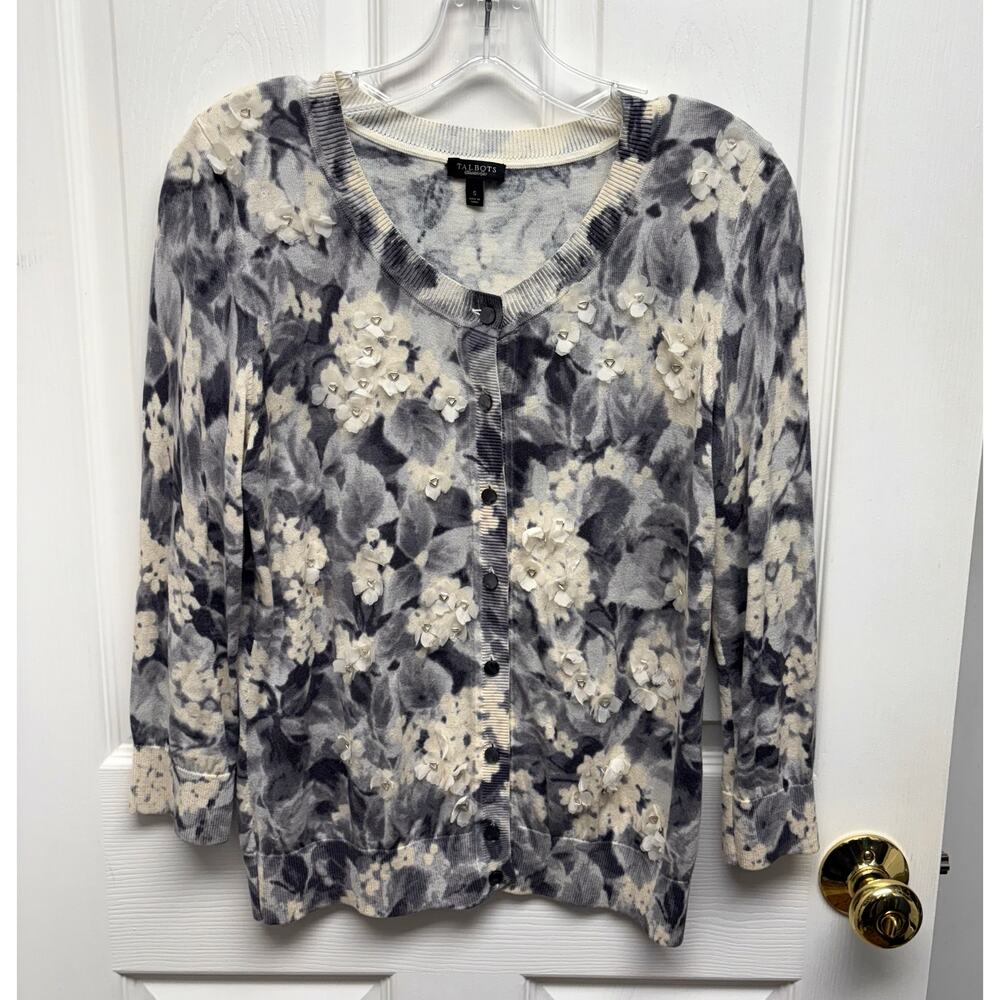 Talbots Cardigan Sweater Silk Blend Floral Size S Gray Ivory Beaded Silk Petals